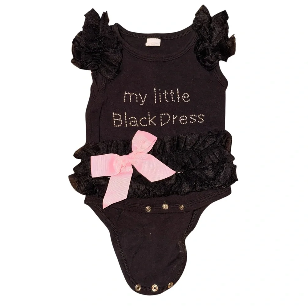 Ruffle Sleeve Black Baby Bodysuit with Pink Bow